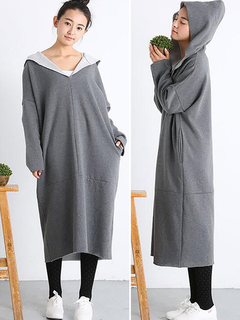 Plus Size Women Casual Pure Color Loose Pocket Hooded Dress