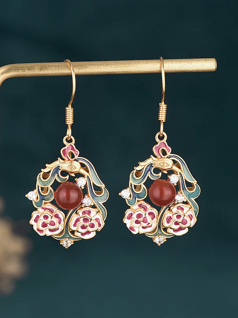 Boucles d'oreilles en argent et Jade pour femmes, Style chinois, fleur en émail