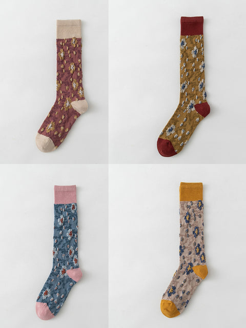 4 Pairs Women Winter Floral Jacquard Long Socks