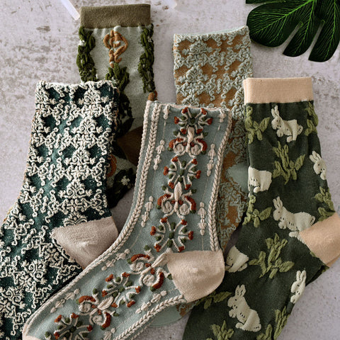 5 paires de chaussettes jacquard à plantes vintage pour femmes, printemps