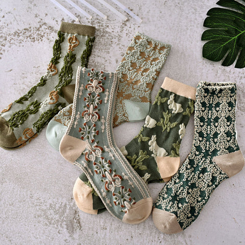 5 paires de chaussettes jacquard à plantes vintage pour femmes, printemps