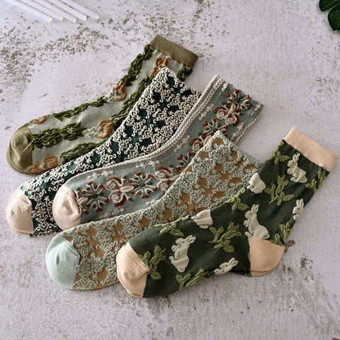 5 paires de chaussettes jacquard à plantes vintage pour femmes, printemps