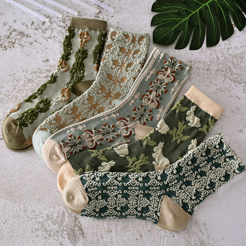 5 paires de chaussettes jacquard à plantes vintage pour femmes, printemps