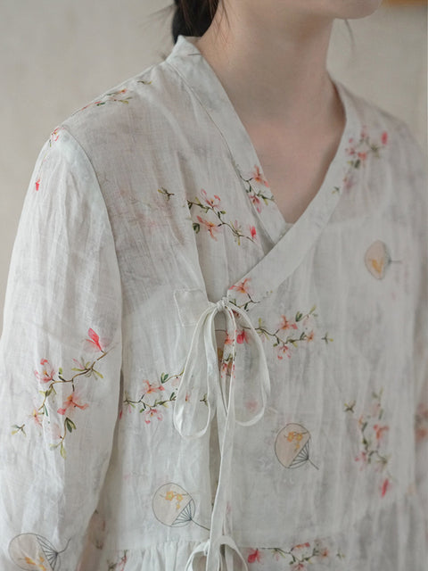 Chemise ample avec cordon de serrage et fleurs de style chinois pour femmes