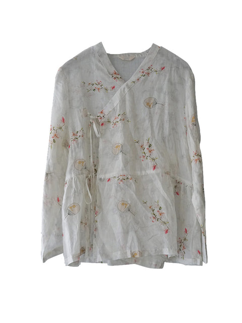 Chemise ample avec cordon de serrage et fleurs de style chinois pour femmes