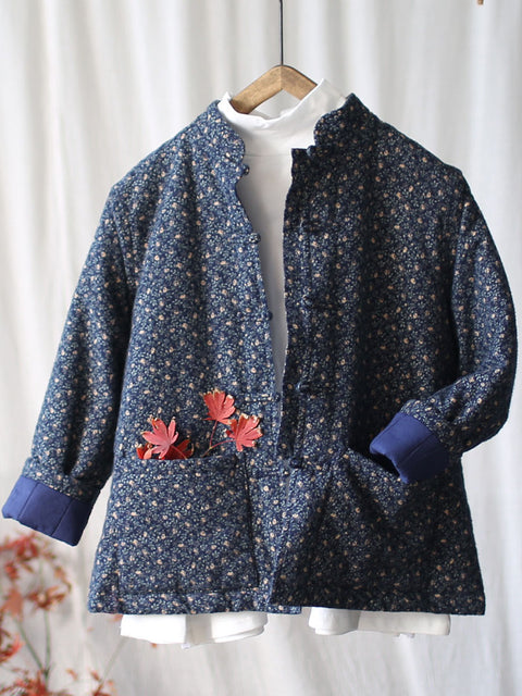 Manteau ample Vintage Floral chinois avec poche à boutons pour femmes