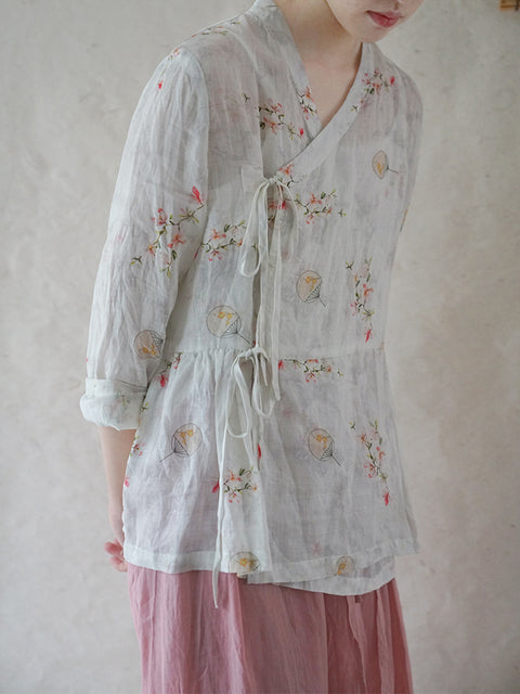 Chemise ample avec cordon de serrage et fleurs de style chinois pour femmes