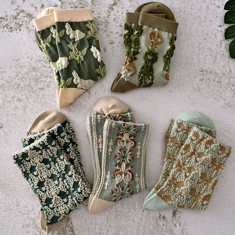 5 paires de chaussettes jacquard à plantes vintage pour femmes, printemps