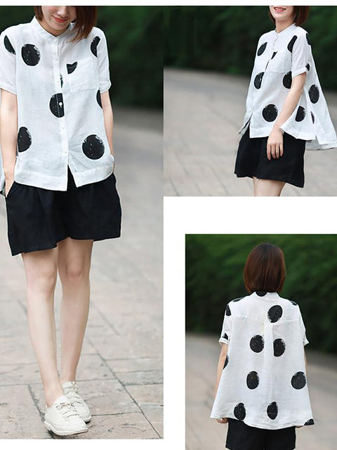 Plus Size Polka Dot Cotton Linen Stand Collar Shirt