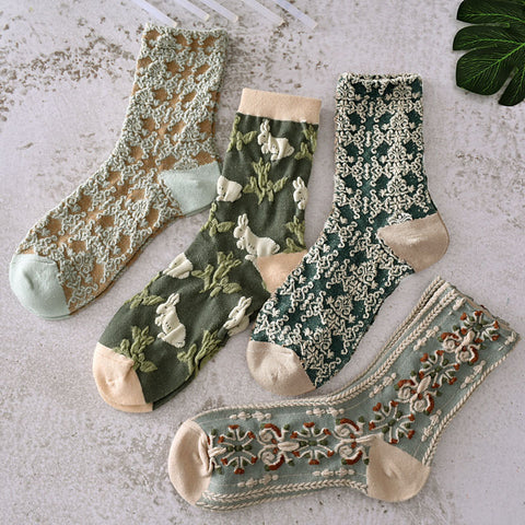 5 paires de chaussettes jacquard à plantes vintage pour femmes, printemps