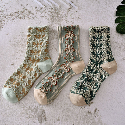 5 paires de chaussettes jacquard à plantes vintage pour femmes, printemps