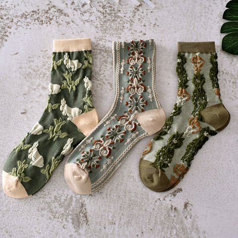 5 paires de chaussettes jacquard à plantes vintage pour femmes, printemps