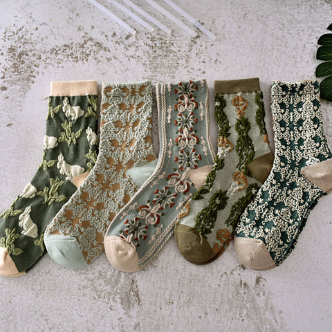 5 paires de chaussettes jacquard à plantes vintage pour femmes, printemps