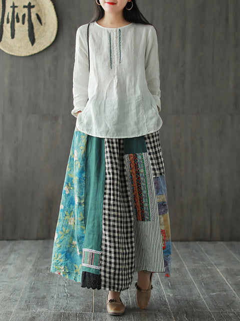 Plus Size  Irregular Print Spliced Casual 100% Linen A-line Skirt