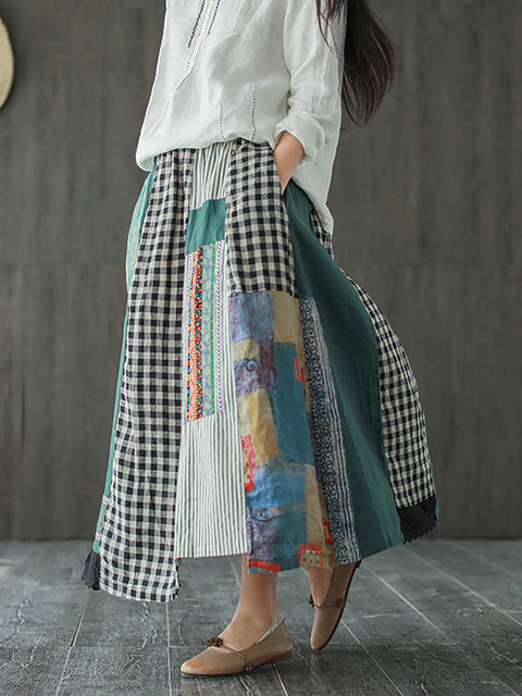 Plus Size  Irregular Print Spliced Casual 100% Linen A-line Skirt