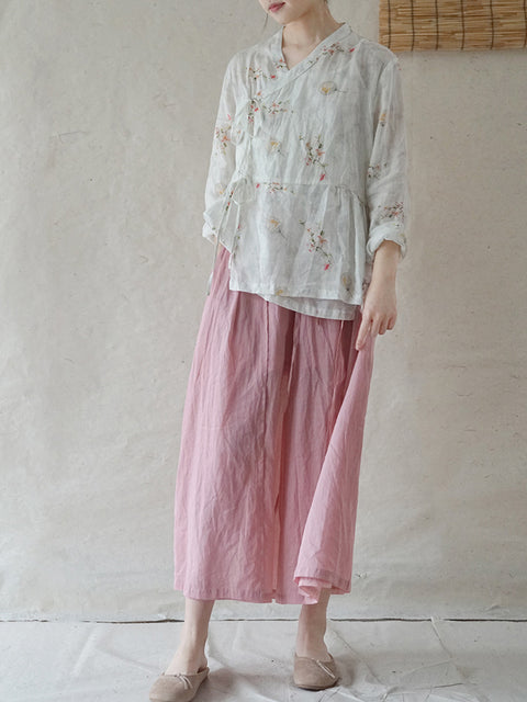 Women Chinese Style Flower Drawstring Loose Shirt