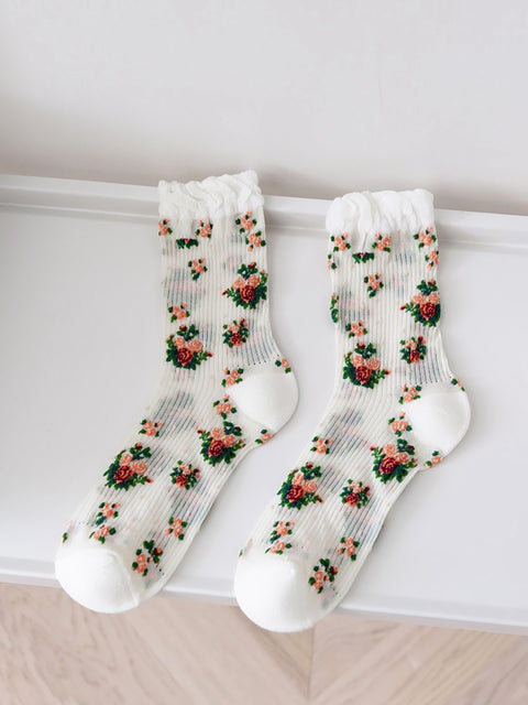 5 paires de chaussettes fines à fleurs vintage pour femmes