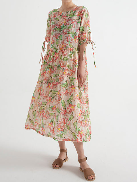 Robe ample d'été à manches courtes en ramie florale de grande taille