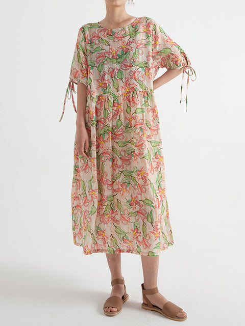 Robe ample d'été à manches courtes en ramie florale de grande taille