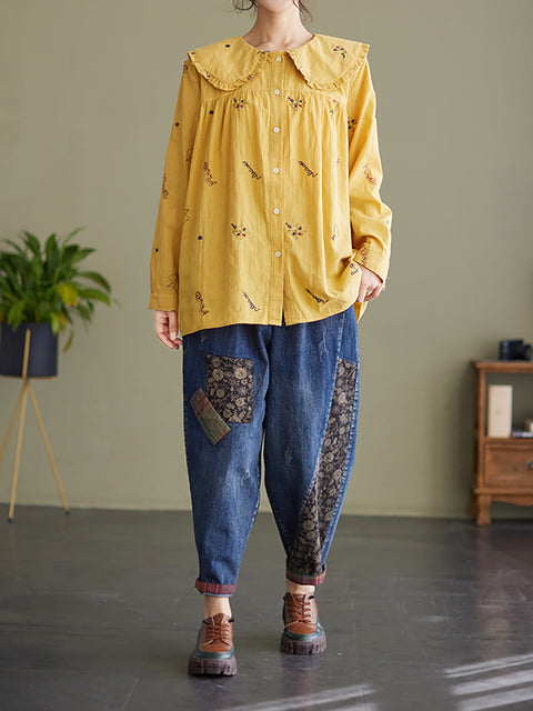 Chemise de printemps à manches longues en coton et lin pour femmes de grande taille