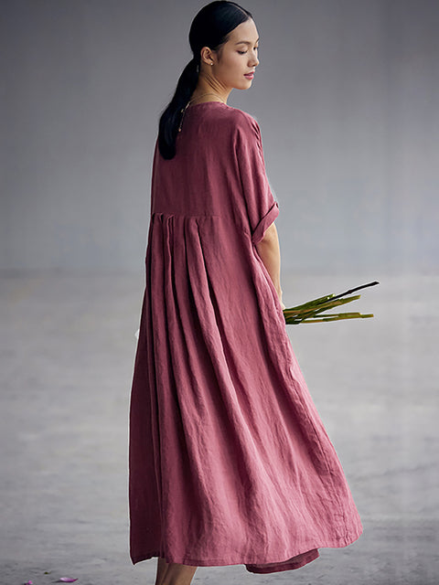 Robe ample plissée en lin de style chinois grande taille élégante