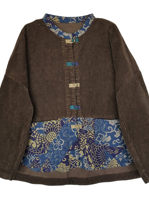 Manteau en velours côtelé à patchwork de fleurs pour femmes de grande taille