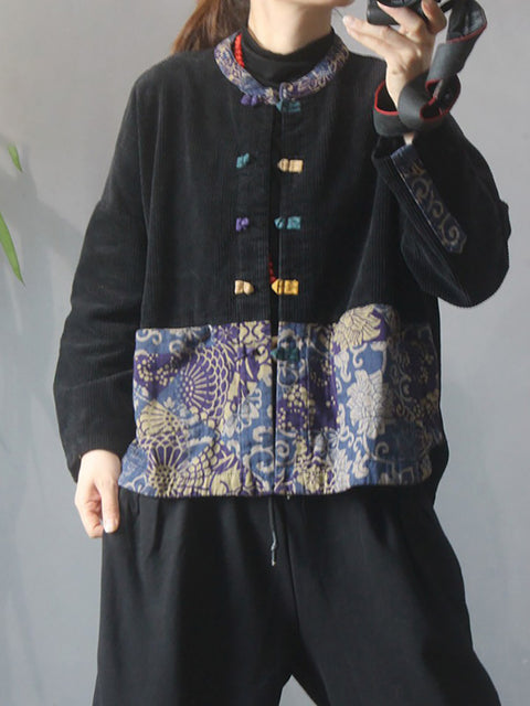 Manteau en velours côtelé à patchwork de fleurs pour femmes de grande taille