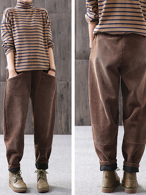 Plus Size - Winter Warm Solid Color Corduroy Pants