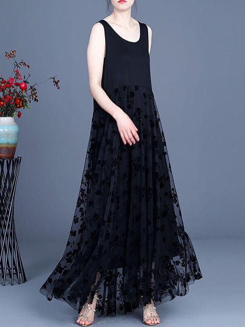 Plus Size - Women Lace Retro Stitching Maxi Pinafore Dress