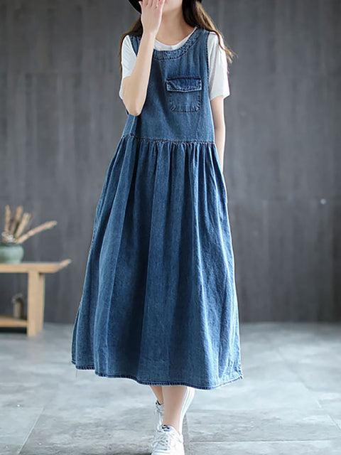 Robe longue plissée en jean grande taille sans manches