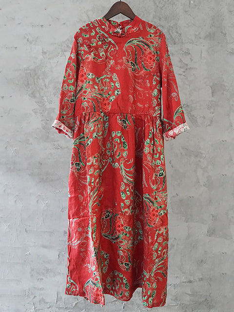 Robe florale imprimée vintage en lin grande taille pour femmes