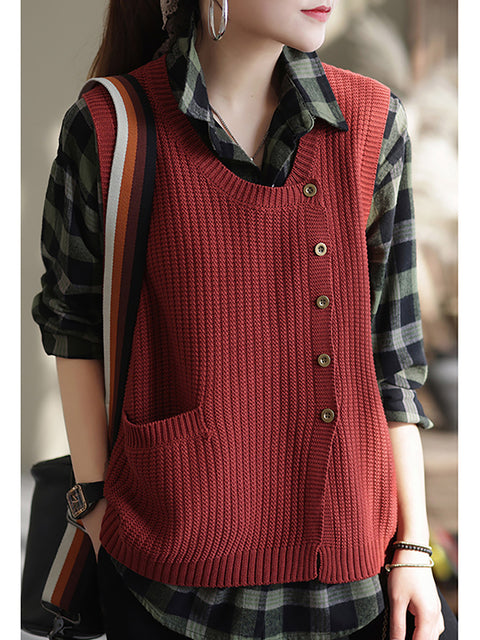 Plus Size Women Knitted Button Vest Waistcoat Sweater