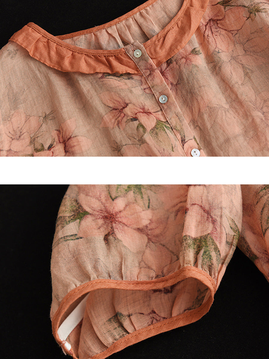 Chemise d'été vintage en ramie florale de grande taille pour femme