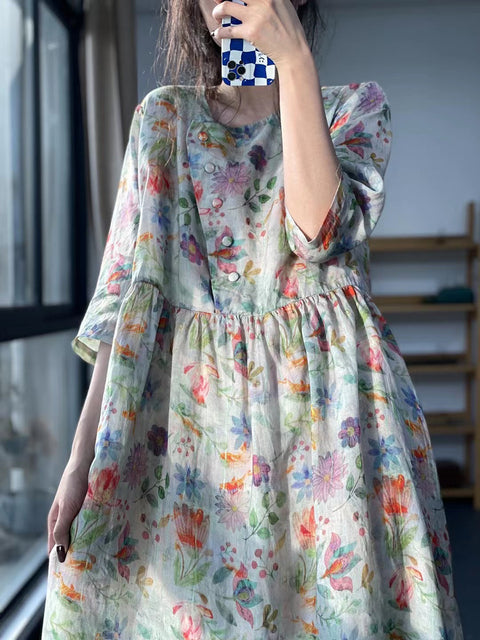 Robe ample décontractée d'été plissée à fleurs de grande taille