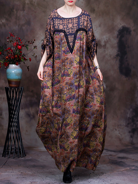 Robe longue rétro en dentelle patchwork floral vintage pour femmes