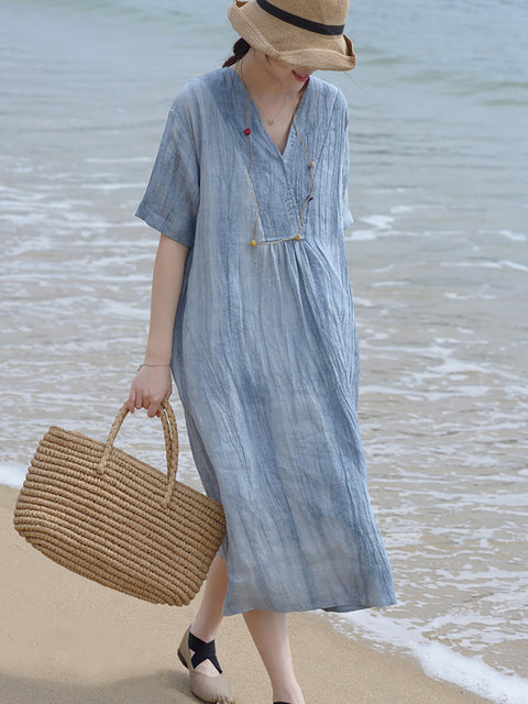 Plus Size V Neck Vintage Linen Women Loose Dress