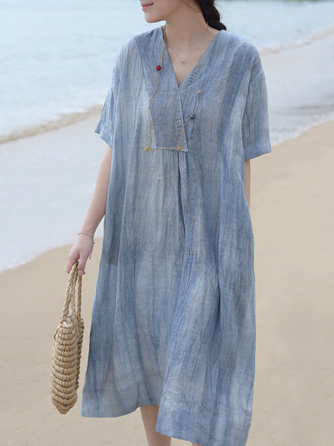 Plus Size V Neck Vintage Linen Women Loose Dress