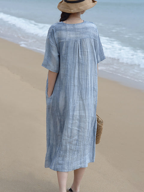 Plus Size V Neck Vintage Linen Women Loose Dress