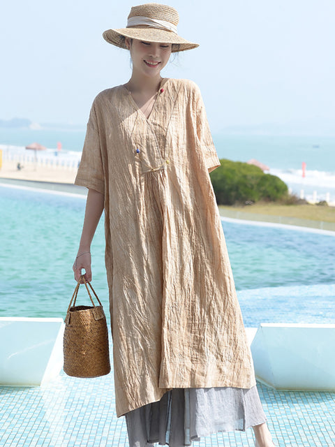 Plus Size V Neck Vintage Linen Women Loose Dress