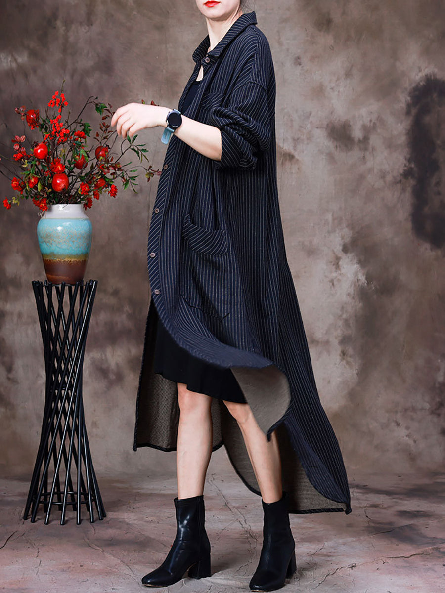 Plus-Size Women Cotton Striped Irregular Long Jacket