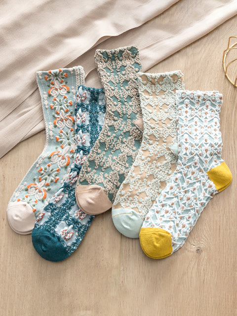 5 paires de chaussettes décontractées à fleurs en pur coton pour femmes