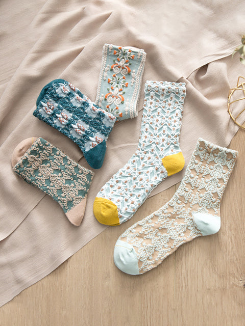 5 paires de chaussettes décontractées à fleurs en pur coton pour femmes