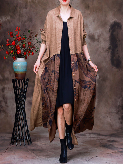 Women Cotton Linen Patchwork Vintage Long Cardigan