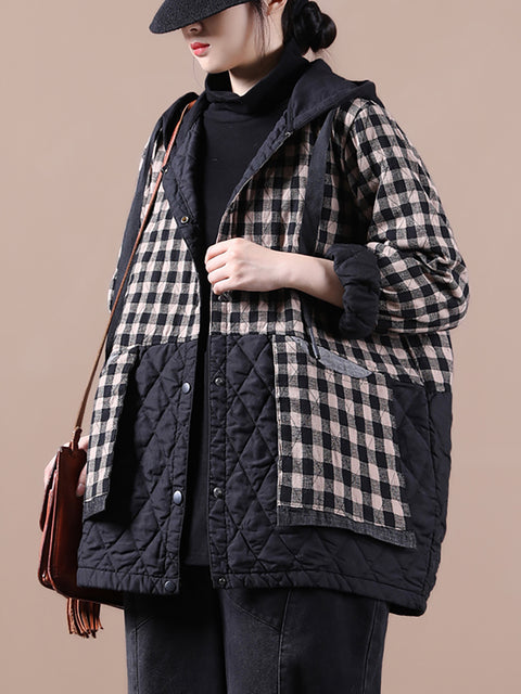 Manteau rembourré à capuche à carreaux de style coréen pour femmes de grande taille