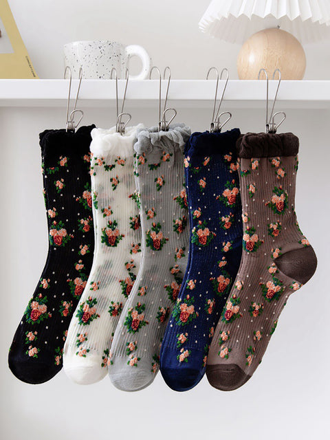 5 paires de chaussettes fines à fleurs vintage pour femmes