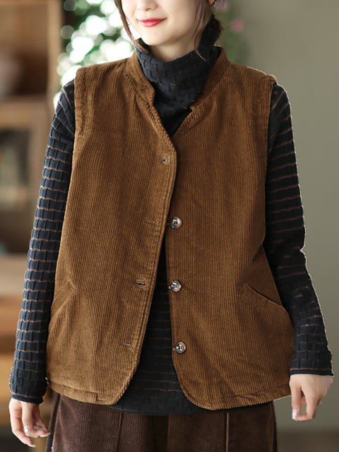 Plus Size Women Vintage Cotton Corduroy Loose Padded Vest