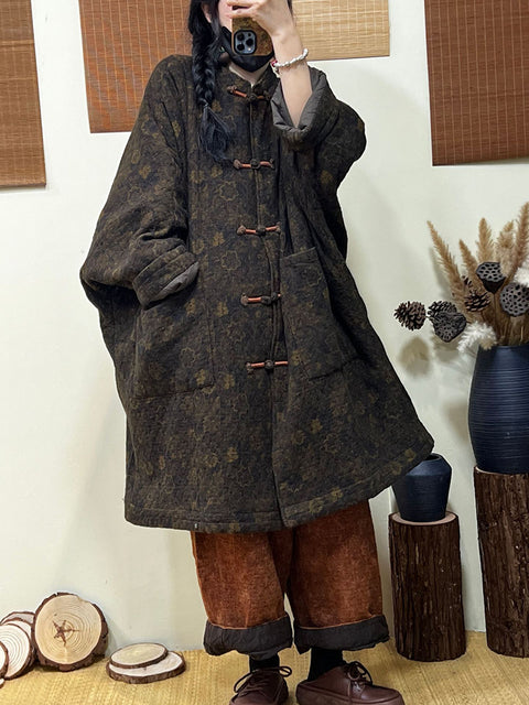 Women Winter Vintage Floral Linen Padded Jacket