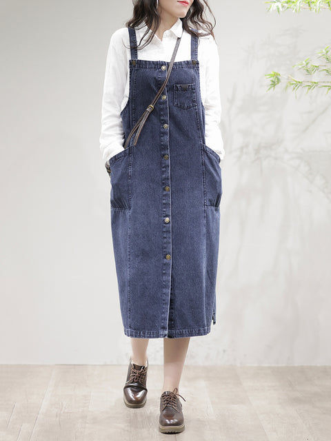 Women Casual Spliced Split Hem Pocket Overall Dress