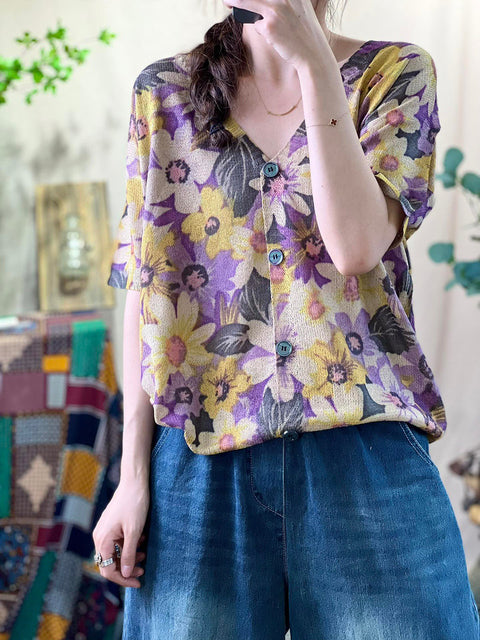 Chemise décontractée à col en v et boutons tricotés à fleurs pour femmes, printemps