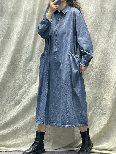 Grande taille femmes printemps rétro poche bouton robe en jean ample